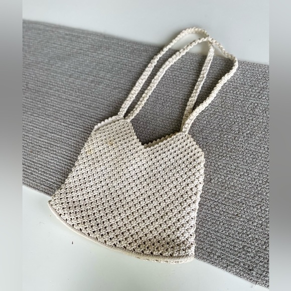 Vintage Ivory Crochet Wood Bead Detail Woven Cotton Lined Satchel Purse Handmade - Picture 8 of 11